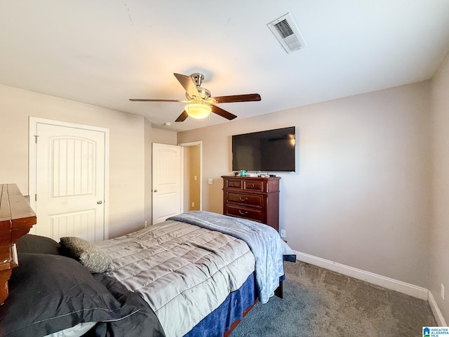 carpeted bedroom featuring ceiling fan