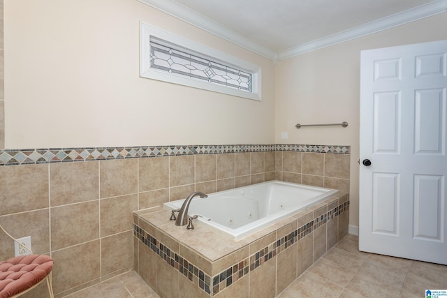 bathroom with tile patterned flooring, tile walls, crown molding, and tiled tub