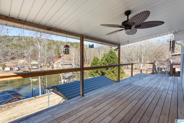 wooden terrace with ceiling fan and a water view