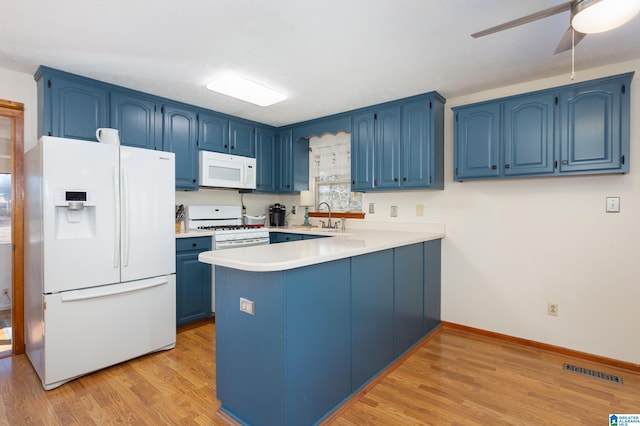 kitchen with kitchen peninsula, light wood-type flooring, white appliances, blue cabinets, and ceiling fan