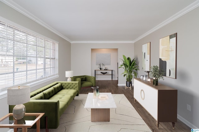 living room with dark hardwood / wood-style floors and crown molding