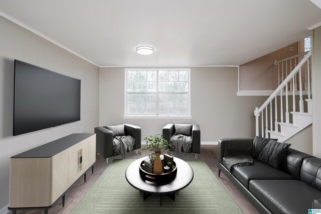 living room with ornamental molding and hardwood / wood-style flooring