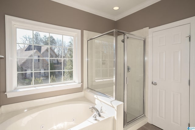 bathroom featuring shower with separate bathtub, tile patterned floors, and ornamental molding