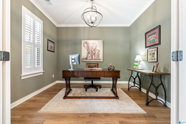 office with a chandelier, wood-type flooring, plenty of natural light, and crown molding