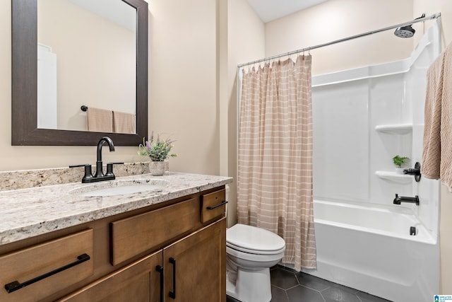 full bathroom with tile patterned flooring, vanity, shower / tub combo with curtain, and toilet