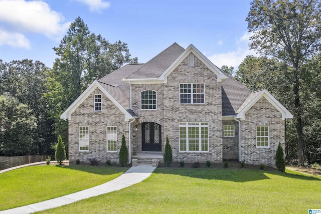 view of front of property featuring a front yard and french doors