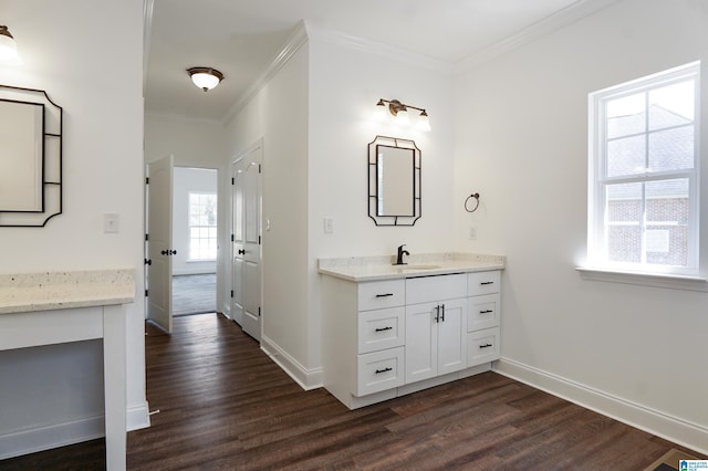 bathroom with crown molding, vanity, and wood-type flooring