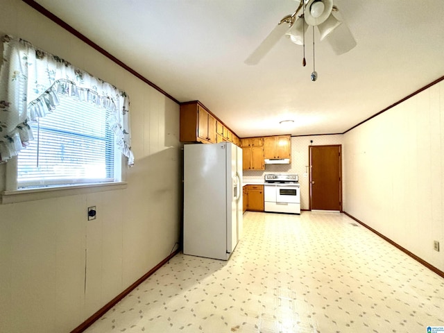 kitchen featuring white appliances, ceiling fan, and ornamental molding