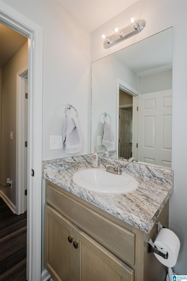 bathroom with vanity and wood-type flooring