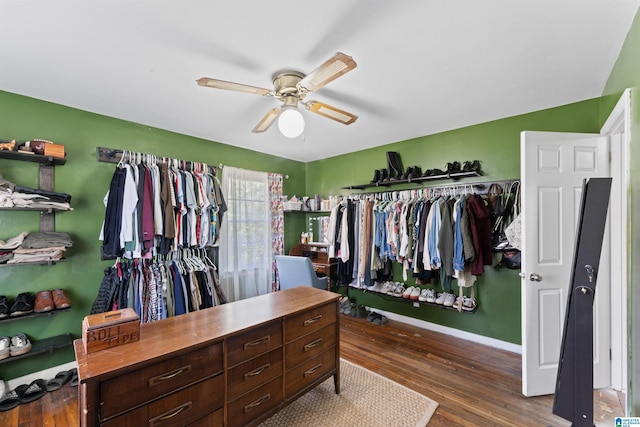 walk in closet featuring ceiling fan and dark wood-type flooring