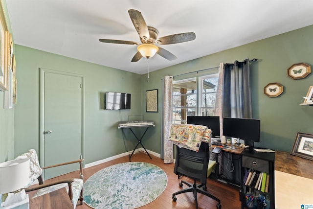 office space featuring ceiling fan and hardwood / wood-style flooring