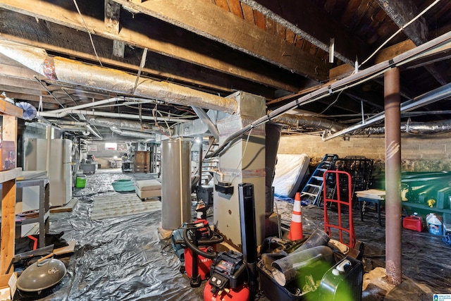 basement with white fridge