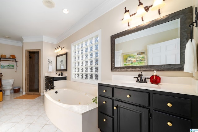 full bathroom featuring tile patterned floors, vanity, crown molding, independent shower and bath, and toilet