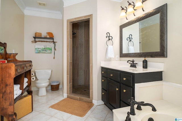 full bathroom featuring vanity, tile patterned floors, crown molding, separate shower and tub, and toilet