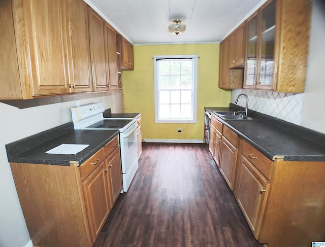 55 Jeter Rd, Talladega, AL 35160 - kitchen featuring dark hardwood / wood-style flooring, backsplash, sink, electric stove, and dishwasher