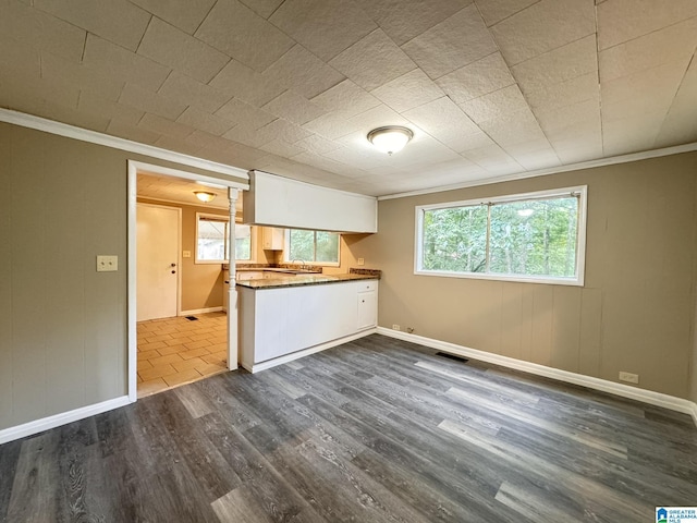 kitchen featuring sink, white cabinetry, ornamental molding, and dark wood-type flooring