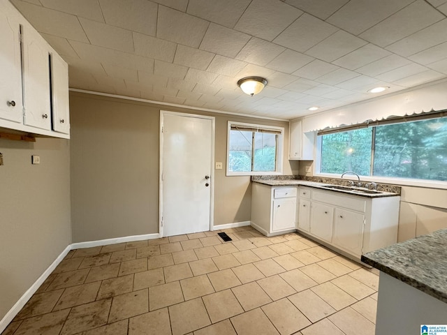 kitchen featuring white cabinets, ornamental molding, and sink