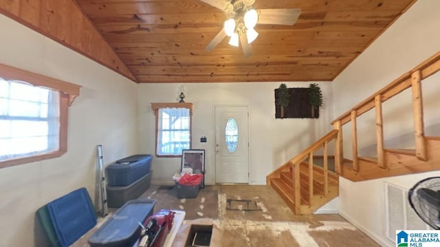 entrance foyer with ceiling fan, lofted ceiling, and wooden ceiling