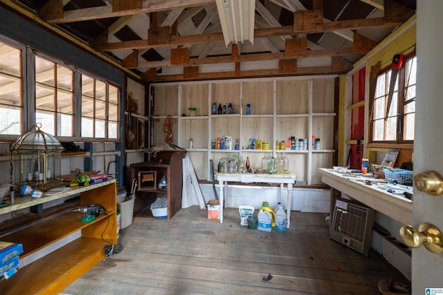 miscellaneous room featuring a workshop area and dark wood-type flooring