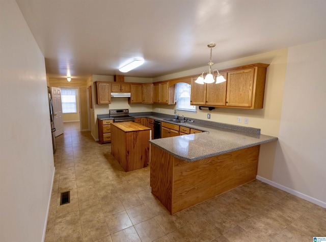 kitchen with sink, hanging light fixtures, stainless steel appliances, butcher block countertops, and kitchen peninsula