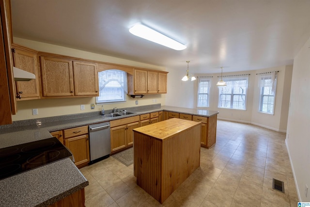 kitchen with wooden counters, stainless steel dishwasher, sink, a kitchen island, and hanging light fixtures