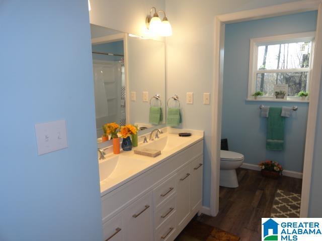 bathroom with vanity, toilet, and hardwood / wood-style floors