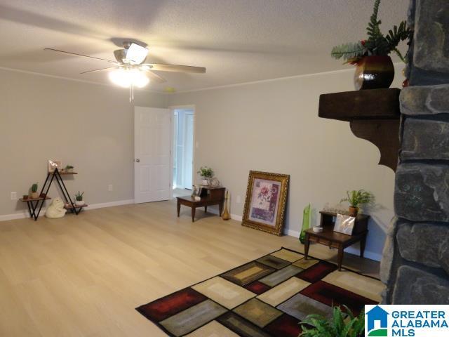 living room with ceiling fan and wood-type flooring