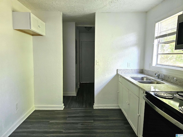 kitchen with a healthy amount of sunlight, white cabinetry, sink, and dark wood-type flooring