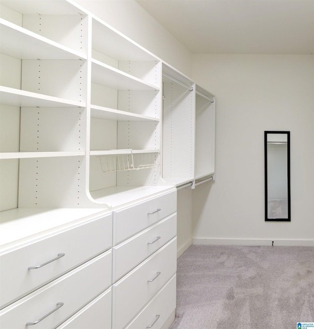 walk in closet with light colored carpet