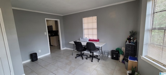 tiled dining room with crown molding