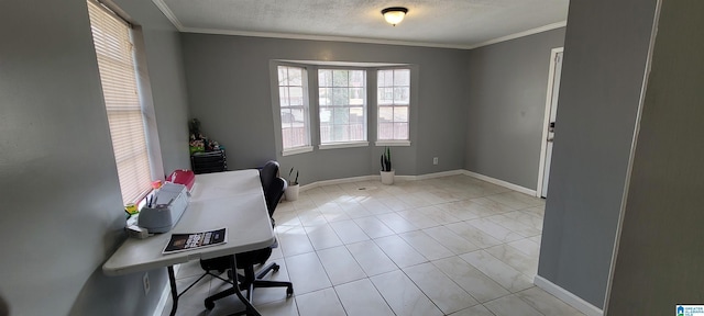 tiled home office featuring crown molding and a textured ceiling