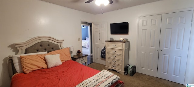 carpeted bedroom featuring ceiling fan and a closet