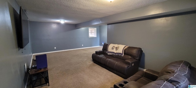 interior space with a textured ceiling and carpet flooring