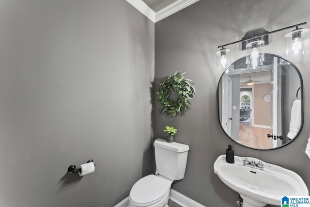 bathroom featuring toilet, sink, and ornamental molding