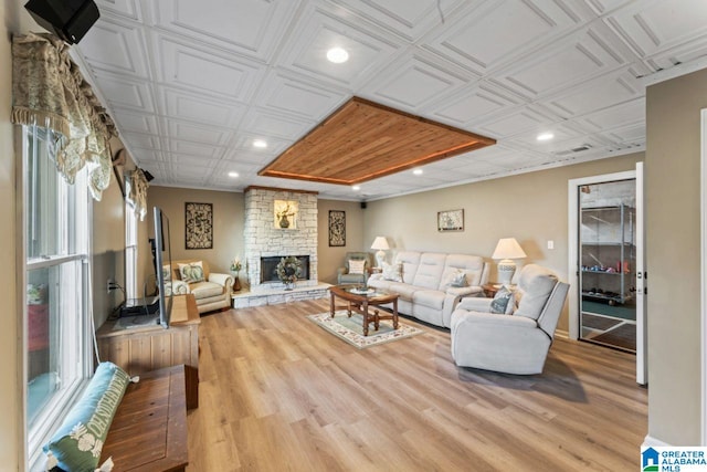 living room featuring light hardwood / wood-style floors and a stone fireplace