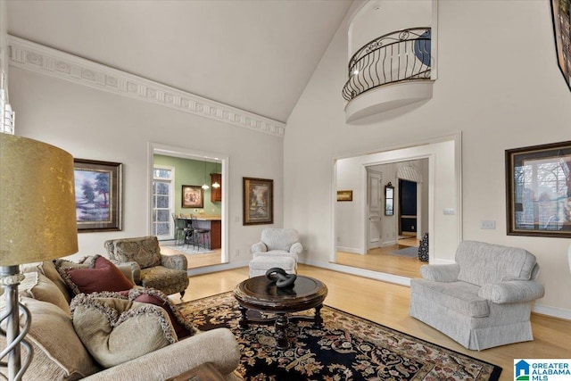 living room featuring hardwood / wood-style floors and high vaulted ceiling