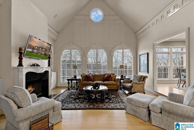 living room featuring a towering ceiling and light wood-type flooring