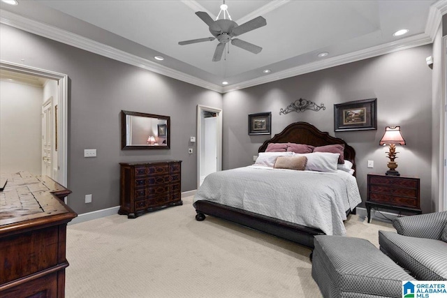 bedroom featuring light colored carpet, ceiling fan, and crown molding