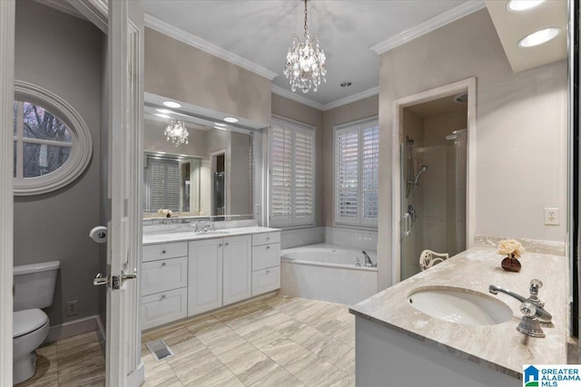 full bathroom featuring ornamental molding, vanity, an inviting chandelier, shower with separate bathtub, and toilet