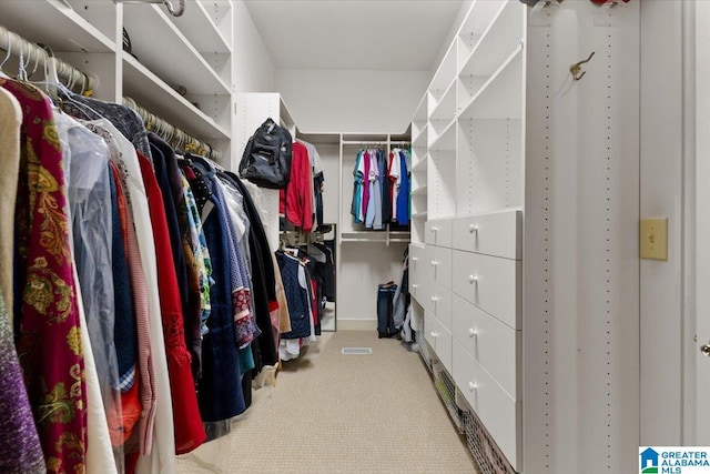 walk in closet featuring light carpet