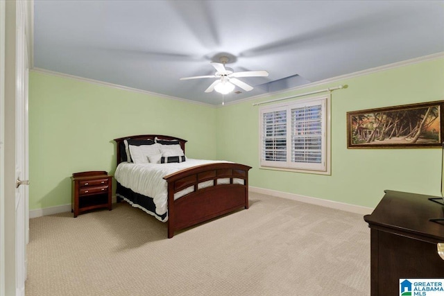 bedroom featuring light colored carpet, ceiling fan, and ornamental molding