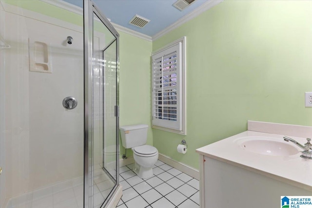 bathroom with vanity, tile patterned floors, toilet, ornamental molding, and an enclosed shower