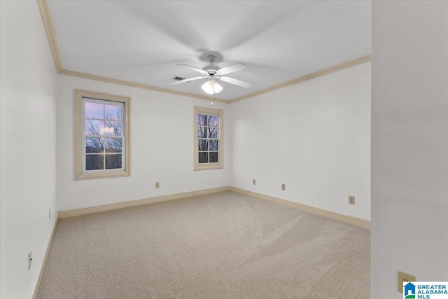 carpeted spare room featuring ceiling fan and crown molding