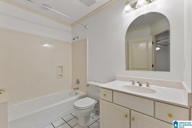 full bathroom with tile patterned floors, ornamental molding, tub / shower combination, ceiling fan, and toilet