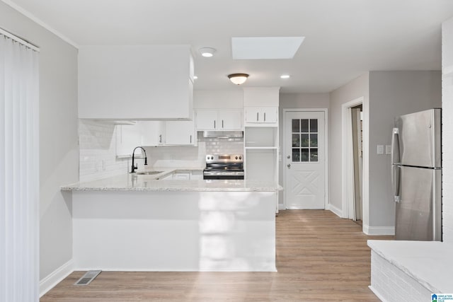 kitchen with white cabinetry, sink, stainless steel appliances, tasteful backsplash, and kitchen peninsula