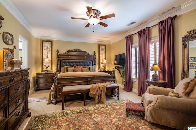 bedroom featuring light carpet, ceiling fan, and ornamental molding