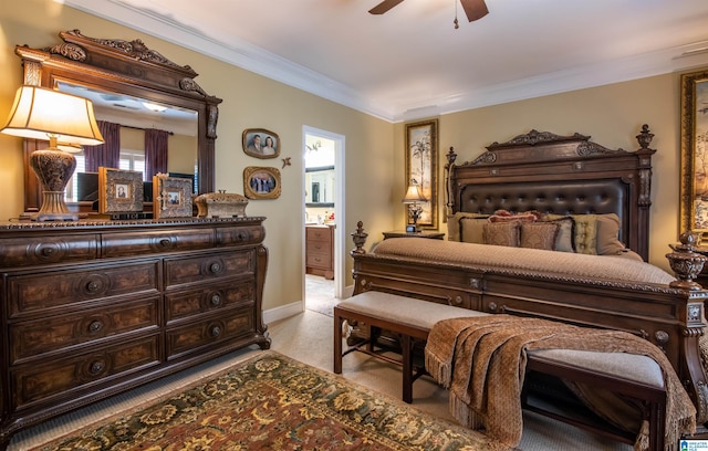 carpeted bedroom featuring ensuite bathroom, ceiling fan, and ornamental molding