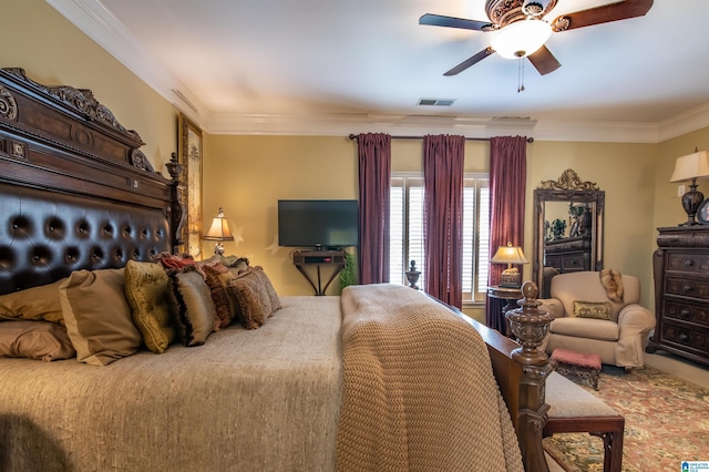 bedroom featuring ceiling fan and crown molding