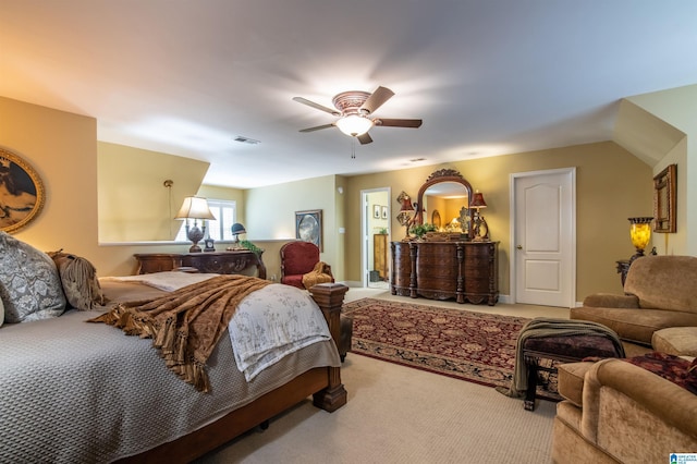 bedroom with ceiling fan and carpet floors