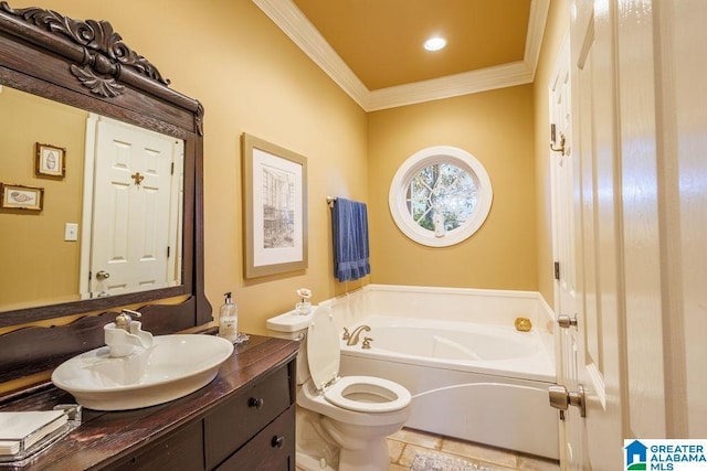 bathroom with vanity, toilet, ornamental molding, and a tub to relax in